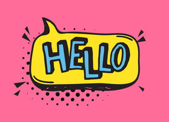 Poster - Hand drawn speech bubble with text on pink background and halftone. Vector pop art object and word. Doodle element for dialog or comic