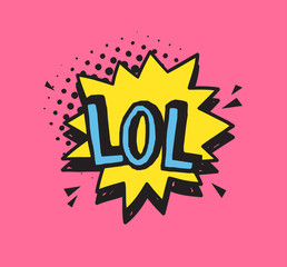 Poster - Hand drawn speech bubble with text on pink background and halftone. Vector pop art object and word. Doodle element for dialog or comic