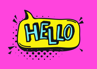 Fototapete - Hand drawn speech bubble with text on pink background and halftone. Vector pop art object and word. Doodle element for dialog or comic