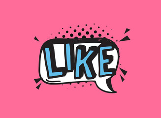 Poster - Hand drawn speech bubble with text on pink background and halftone. Vector pop art object and word. Doodle element for dialog or comic
