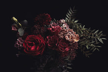 Beautiful Bouquet Of Different Flowers On Black Background. Floral Card Design With Dark Vintage Effect