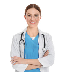 Canvas Print - Portrait of doctor with stethoscope on white background