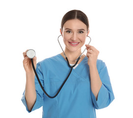 Canvas Print - Portrait of doctor with stethoscope on white background