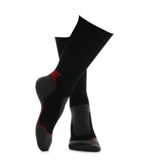 Poster - Woman wearing thermal socks on white background, closeup of legs. Winter sport clothes