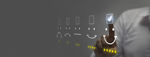 Businessman Pressing Smiley Face Emoticon On Virtual Touch Screen. Customer Service Evaluation Concept