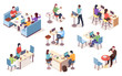 © Sensvector - Set of isolated vector isometric people with notebook at cafe. Cafeteria work or job at dining room infographic element. Workspace icons. Coworker with coffee or tea. Business lunch with coffee