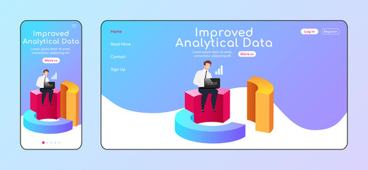 Poster - improved analytical data adaptive landing page flat color vector template. businessman with laptop m