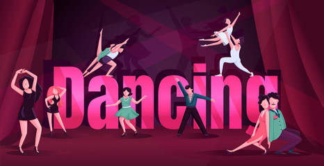 Wall Mural - dance word concepts flat color vector banner. contemp, rumba competition. typography with tiny carto