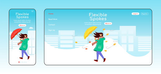 Poster - Flexible spokes landing page flat color vector template. Woman in raincoat homepage layout. Mobile display. Windy weather one page website interface, cartoon character. Walking lady banner, webpage