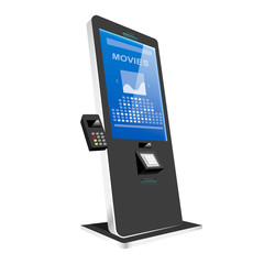 Poster - Tickets kiosk with terminal realistic vector illustration. Cinema self service stand flat color object. Interactive entertainment counter isolated on white background. Board with sensor display