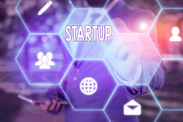 Poster - Text sign showing Startup. Business photo text the action of setting something in motion newly established business
