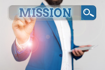 Poster - Conceptual hand writing showing Mission. Concept meaning Corporate goal Important Assignment Business purpose and focus