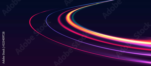 Cuadros en Lienzo Neon lights forming light track on light speed motion, dynamic composition