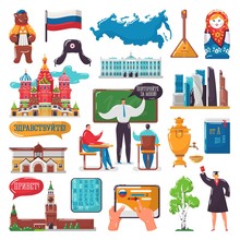 Learn Russian Foreign Language Vector Illustrations Set Collection For Language School Education. Russia Symbols, Russian Alphabet And Map, Dictionaries Book And People On Lesson Language Course.