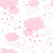 Pink linear and flat transparent overlaying cloud shape with dash round confetti vector seamless pattern. Cute festal happy baby girl birthday party backdrop. Pastel dream rose girlish design.