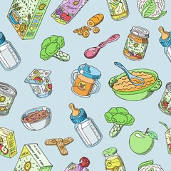 Wall Mural - Doodle baby food vector seamless pattern. Illustration of newborn and baby food including drinks, porridges, puree and spoon, milk bottle, puree and juice healthy nutrition background.