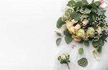 Wedding Stylish Bouquet Of Tender Cream Roses On White