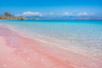 pink beach with clear blue water on komodo islands in indonesia