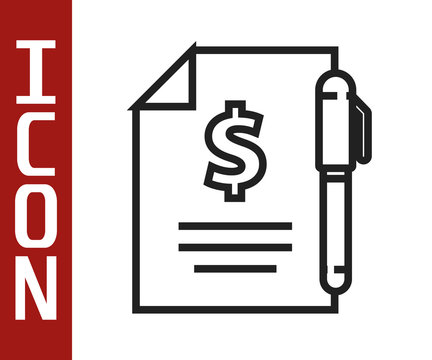 Black line Contract money and pen icon isolated on white background. Banking document dollar file finance money page. Vector Illustration