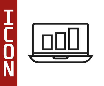 Black line Laptop with graph chart icon isolated on white background. Report text file icon. Accounting sign. Audit, analysis, planning. Vector Illustration
