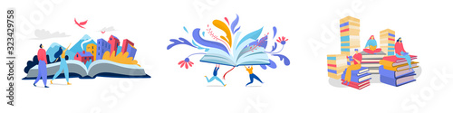 Fotomural People reading books, creative imagination concept, flat style vector illustration