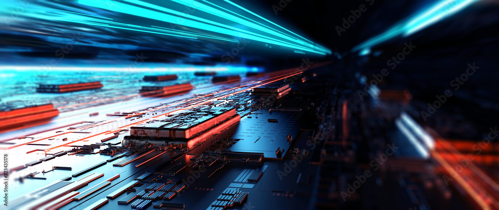 Futuristic server/Abstract background circuit board futuristic server. Can be used as digital dynamic wallpaper, technology background. 3d rendering - obrazy, fototapety, plakaty 