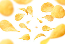 Potato Chips Levitate On A White Background