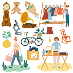 Garage sale with people choosing clothes and household items, vector illustration. Cartoon characters at flea market, used stuff and second hand items.Hand drawn girlm bicycle,old clock, garage sale.