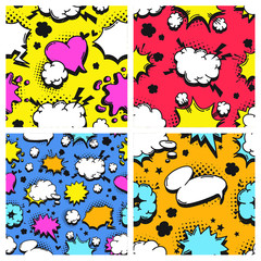 Fototapete - Hand drawn seamless pattern with speech bubbles for text. Vector pop art background and words. Doodle element for dialog or comic