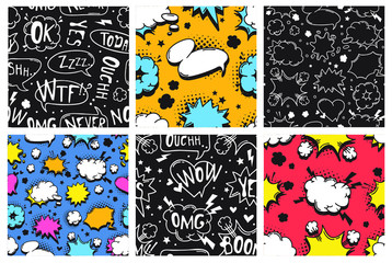 Fototapete - Hand drawn seamless pattern with speech bubbles for text. Vector pop art background and words. Doodle element for dialog or comic