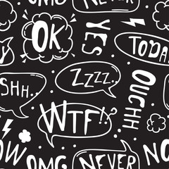 Poster - Hand drawn seamless pattern with speech bubbles for text. Vector pop art background and words. Doodle element for dialog or comic