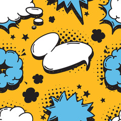 Poster - Hand drawn seamless pattern with speech bubbles for text. Vector pop art background and words. Doodle element for dialog or comic