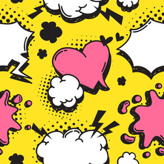 Poster - Hand drawn seamless pattern with speech bubbles for text. Vector pop art background and words. Doodle element for dialog or comic
