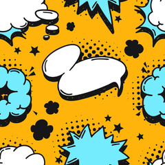 Fototapete - Hand drawn seamless pattern with speech bubbles for text. Vector pop art background and words. Doodle element for dialog or comic