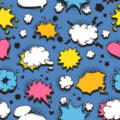 Poster - Hand drawn seamless pattern with speech bubbles for text. Vector pop art background and words. Doodle element for dialog or comic