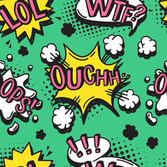 Poster - Hand drawn seamless pattern with speech bubbles for text. Vector pop art background and words. Doodle element for dialog or comic