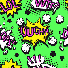 Fototapete - Hand drawn seamless pattern with speech bubbles for text. Vector pop art background and words. Doodle element for dialog or comic
