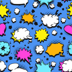 Fototapete - Hand drawn seamless pattern with speech bubbles for text. Vector pop art background and words. Doodle element for dialog or comic