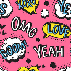 Poster - Hand drawn seamless pattern with speech bubbles for text. Vector pop art background and words. Doodle element for dialog or comic