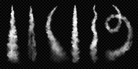 Poster - White smoke trails, vector realistic set of stem jet clouds of plane contrail or spaceship launch. Airplane track smoke trails in curve and spiral shape, smoky flow texture on transparent background