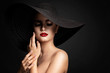 Woman lips and Black Hat, Fashion Model Beauty Portrait, Elegant Lady in Wide Broad Brim Hat