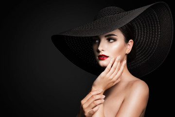 Wall Mural - Woman in Broad Brim Hat, Fashion Model Beauty Portrait, Elegant Lady in Wide Brimmed Hat