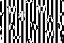 Seamless Pattern With Striped Black White Vertical Lines. Dog, Cat, Rabbit, Turtle And Frog Shadow Between The Lines. Optical Illusion Effect. Cute Animal Tile In Op Art. Vector Illusive Background. 