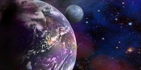 Fototapete - Pink planet with satellite in deep space fantasy cosmic background