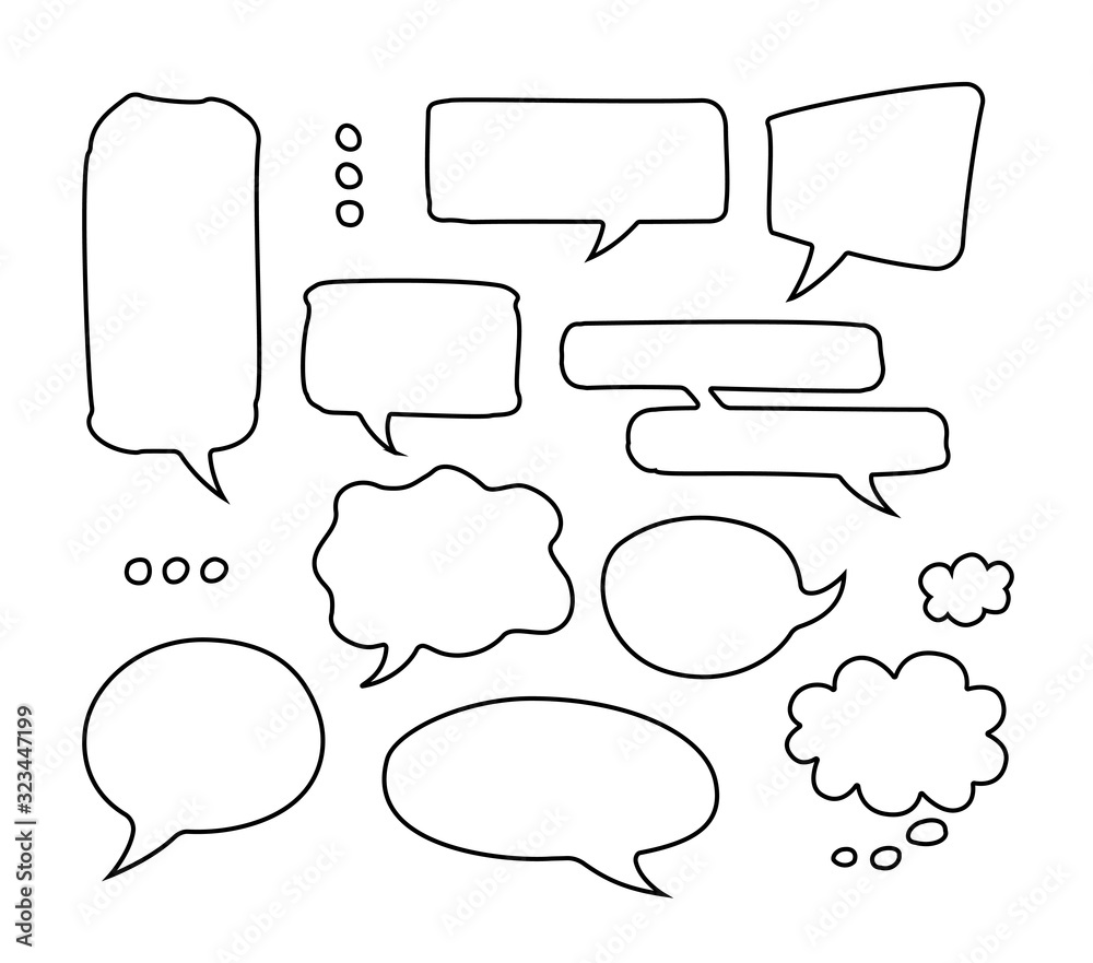Drawing by hand bubble speech isolated set. Vector kit of blank