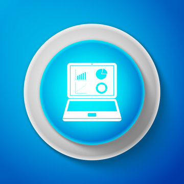 White Laptop with graph chart icon isolated on blue background. Report text file icon. Accounting sign. Audit, analysis, planning. Circle blue button. Vector Illustration