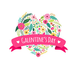 Cute feminine card with hand drawn flowers for girls friends celebrating valentines day