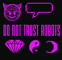 Poster - Set of different stickers: stars and sparkles, speech bubbles with text in pixel art 8-bit webpunk style.