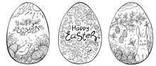 Set Of Easter Egg With Doodle Ornament On White Background. Happy Easter. Vector Coloring Card. Cartoon Egg Drawing. Spring Holiday Card.