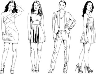 vector drawings on the theme of beautiful slim sporty girl in casual clothes in various poses painted ink hand sketch with no background